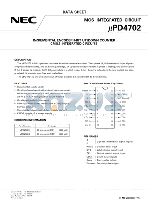 UPD4702 datasheet - INCREMENTAL ENCODER 8-BIT UP/DOWN COUNTER CMOS INTEGRATED CIRCUITS