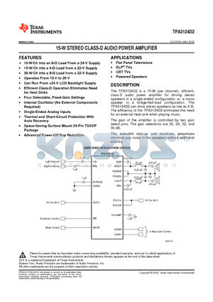 TPA3124D2 datasheet - 15-W STEREO CLASS-D AUDIO POWER AMPLIFIER