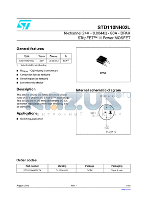 STD110NH02L datasheet - N-channel 24V - 0.0044ohm - 80A - DPAK STripFET TM III Power MOSFET