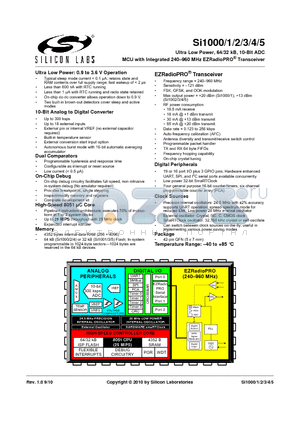 SI1003 datasheet - Ultra Low Power, 64/32 kB, 10-Bit ADC MCU with Integrated 240-960 MHz EZRadioPRO Transceiver