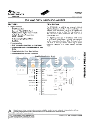 TPA3200D1DCPR datasheet - 20-W MONO DIGITAL INPUT AUDIO AMPLIFIER