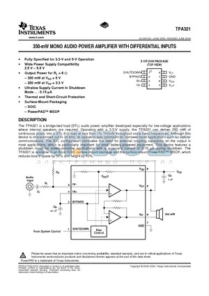 TPA321DGNR datasheet - 350-mW MONO AUDIO POWER AMPLIFIER WITH DIFFERENTIAL INPUTS