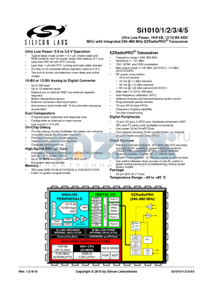 SI1012 datasheet - Ultra Low Power, 16/8 kB, 12/10-Bit ADC MCU with Integrated 240-960 MHz EZRadioPRO Transceiver