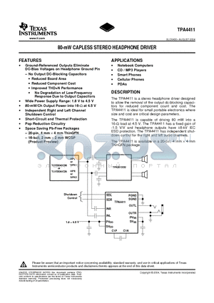 TPA4411 datasheet - 80-mW CAPLESS STEREO HEADPHONE DRIVER