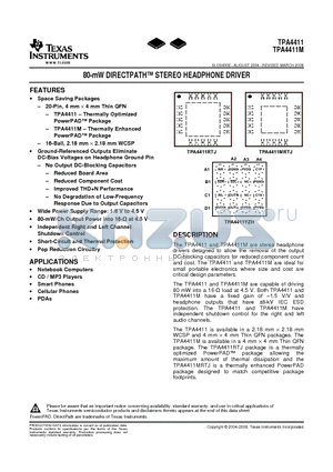 TPA4411 datasheet - 80-mW DIRECTPATH STEREO HEADPHONE DRIVER