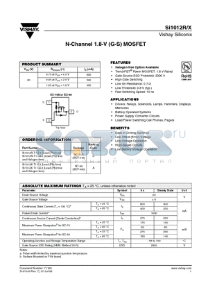 SI1012R-T1-E3 datasheet - N-Channel 1.8-V (G-S) MOSFET