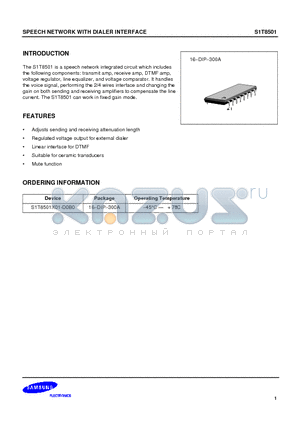 S1T8501 datasheet - SPEECH NETWORK WITH DIALER INTERFACE