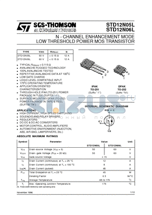 STD12N06L datasheet - N - CHANNEL ENHANCEMENT MODE LOW THRESHOLD POWER MOS TRANSISTOR