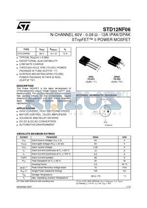 STD12NF06 datasheet - N-CHANNEL 60V - 0.08 ohm - 12A IPAK/DPAK STripFET II POWER MOSFET