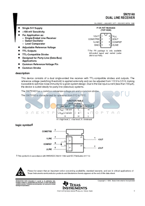 SN75140PS datasheet - DUAL LINE RECEIVER