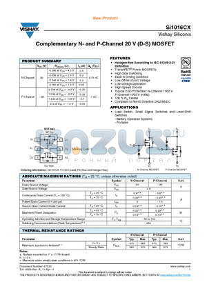 SI1016CX datasheet - Complementary N- and P-Channel 20 V (D-S) MOSFET