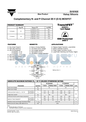 SI1016X datasheet - Complementary N and P-Channel 20-V (D-S) MOSFET