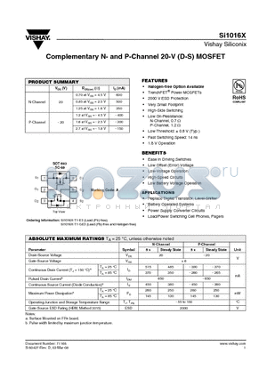 SI1016X-T1-GE3 datasheet - Complementary N- and P-Channel 20-V (D-S) MOSFET