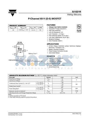 SI1021R-T1-E3 datasheet - P-Channel 60-V (D-S) MOSFET