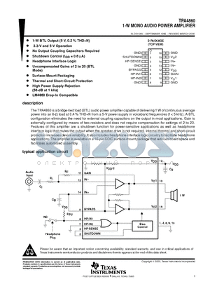 TPA4860D datasheet - 1-W MONO AUDIO POWER AMPLIFIER