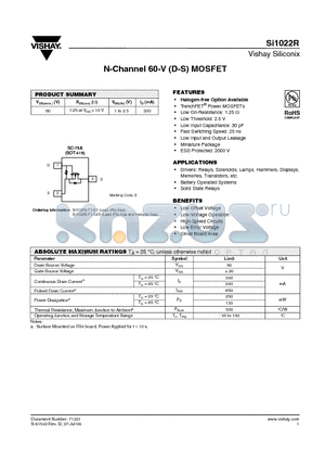 SI1022R-T1-E3 datasheet - N-Channel 60-V (D-S) MOSFET
