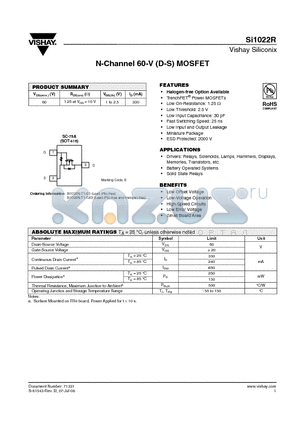 SI1022R-T1-GE3 datasheet - N-Channel 60-V (D-S) MOSFET