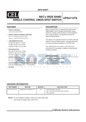UPD5710TK datasheet - NECs WIDE BAND SINGLE CONTROL CMOS SPDT SWITCH