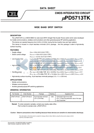 UPD5713TK datasheet - WIDE BAND SPDT SWITCH
