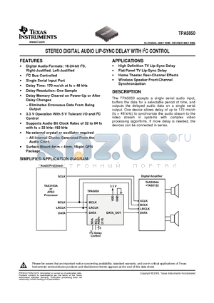 TPA5050 datasheet - STEREO DIGITAL AUDIO LIP-SYNC DELAY WITH I2C CONTROL