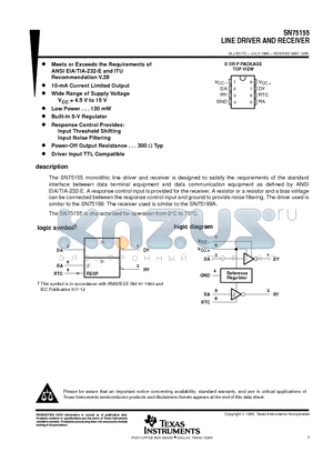 SN75155 datasheet - LINE DRIVER AND RECEIVER