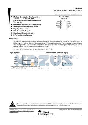 SN75157 datasheet - DUAL DIFFERENTIAL LINE RECEIVER