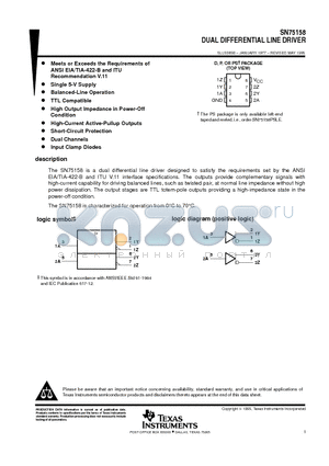 SN75158DR datasheet - DUAL DIFFERENTIAL LINE DRIVER