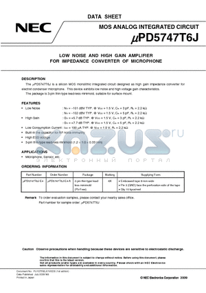 UPD5747T6J-E4-A datasheet - LOW NOISE AND HIGH GAIN AMPLIFIER FOR IMPEDANCE CONVERTER OF MICROPHONE