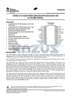 TPA6010A4PWP datasheet - STEREO 2.7-W AUDIO POWER AMPLIFIER WITH BASS BOOST AND DC VOLUME CONTROL