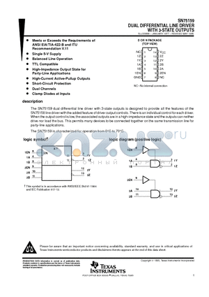 SN75159N datasheet - DUAL DIFFERENTIAL LINE DRIVER WITH 3-STATE OUTPUTS