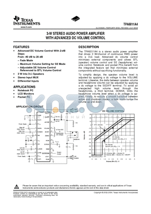 TPA6011A4PWP datasheet - 3-W STEREO AUDIO POWER AMPLIFIER WITH ADVANCED DC VOLUME CONTROL