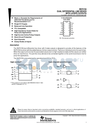 SN75159 datasheet - DUAL DIFFERENTIAL LINE DRIVER WITH 3-STATE OUTPUTS