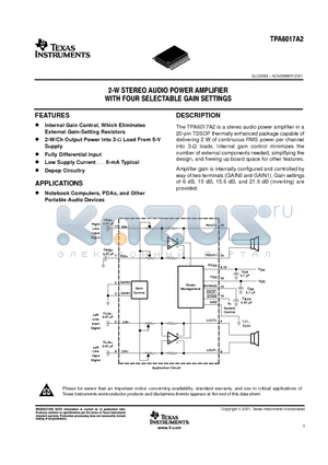 TPA6017A2 datasheet - 2 W STEREO AUDIO POWER AMPLIFIER WITH FOUR SELECTABLE GAIN SETTINGS