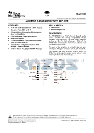 TPA3106D1 datasheet - 40-W MONO CLASS-D AUDIO POWER AMPLIFIER