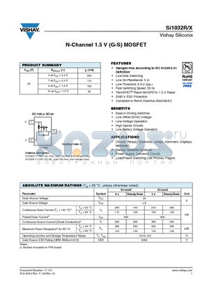 SI1032R-T1-GE3 datasheet - N-Channel 1.5 V (G-S) MOSFET