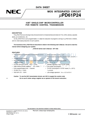 UPD61P24 datasheet - 4-BIT SINGLE-CHIP MICROCONTROLLER FOR REMOTE CONTROL TRANSMISSION