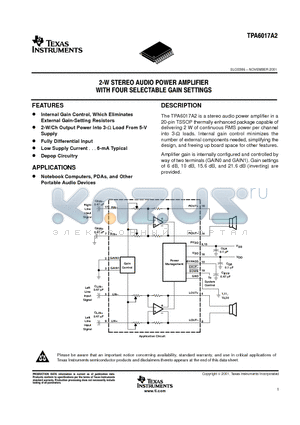 TPA6017A2PWPR datasheet - 2-W STEREO AUDIO POWER AMPLIFIER WITH FOUR SELECTABLE GAIN SETTINGS