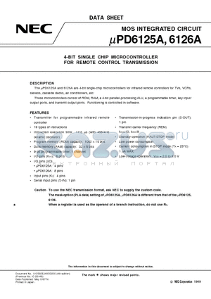 UPD6125AG datasheet - 4-BIT SINGLE CHIP MICROCONTROLLER FOR REMOTE CONTROL TRANSMISSION