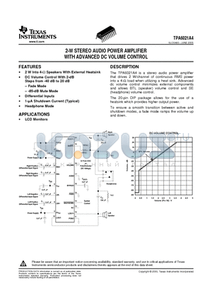 TPA6021A4 datasheet - 2-W STEREO AUDIO POWER AMPLIFIER WITH ADVANCED DC VOLUME CONTROL