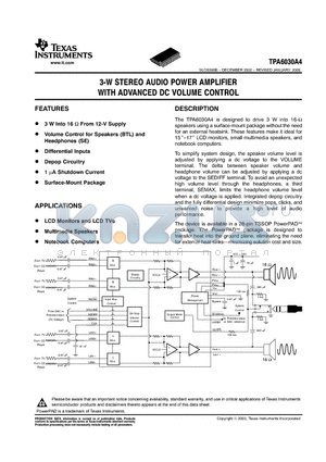 TPA6030A4PWPR datasheet - 3-2 STEREO AUDIO POWER AMPLIFIER WITH ADVANCED DC VOLUME CONTROL