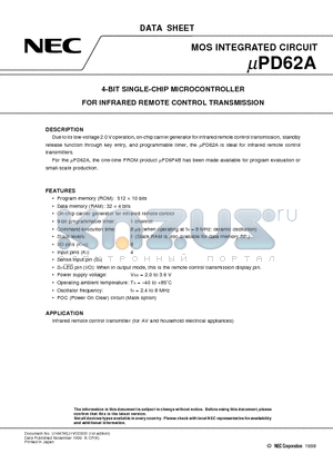 UPD62A datasheet - 4-BIT SINGLE-CHIP MICROCONTROLLER FOR INFRARED REMOTE CONTROL TRANSMISSION