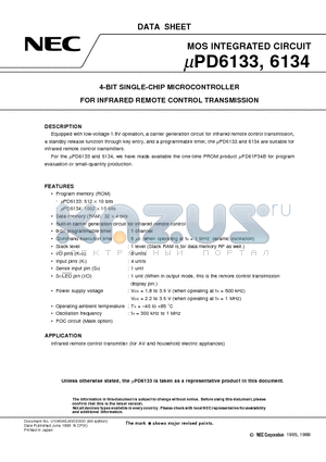 UPD6134MC datasheet - 4-BIT SINGLE-CHIP MICROCONTROLLER FOR INFRARED REMOTE CONTROL TRANSMISSION