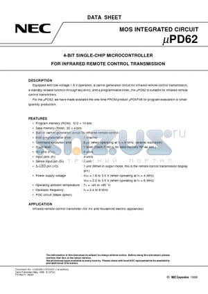 UPD62MC datasheet - 4-BIT SINGLE-CHIP MICROCONTROLLER FOR INFRARED REMOTE CONTROL TRANSMISSION