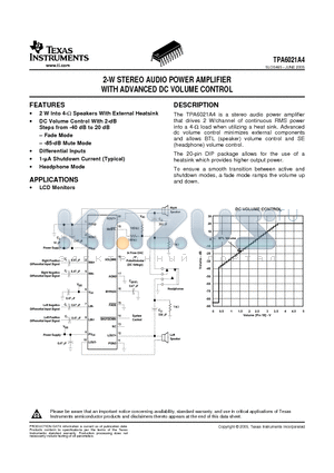 TPA6021A4N datasheet - 2-W STEREO AUDIO POWER AMPLIFIER WITH ADVANCED DC VOLUME CONTROL