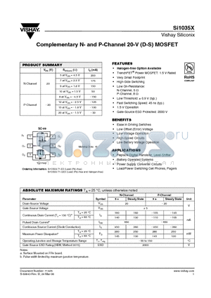 SI1035X datasheet - Complementary N- and P-Channel 20-V (D-S) MOSFET