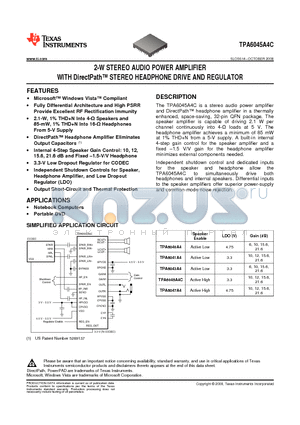 TPA6041A4 datasheet - 2-W STEREO AUDIO POWER AMPLIFIER WITH DirectPath STEREO HEADPHONE DRIVE AND REGULATOR