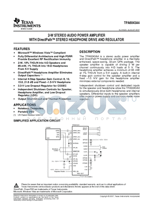 TPA6043A4RHB datasheet - 2-W STEREO AUDIO POWER AMPLIFIER WITH DirectPath STEREO HEADPHONE DRIVE AND REGULATOR