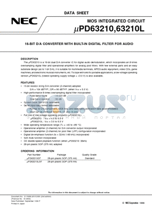 UPD63210LGT datasheet - 16-BIT D/A CONVERTER WITH BUILT-IN DIGITAL FILTER FOR AUDIO