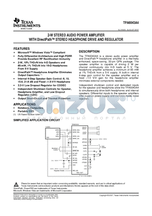 TPA6043A4RHBR datasheet - 2-W STEREO AUDIO POWER AMPLIFIER WITH DirectPath STEREO HEADPHONE DRIVE AND REGULATOR