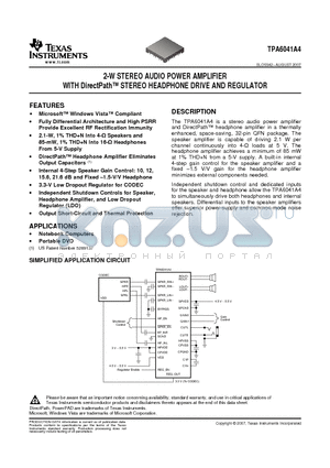 TPA6041A4RHBRG4 datasheet - 2-W STEREO AUDIO POWER AMPLIFIER WITH DirectPath STEREO HEADPHONE DRIVE AND REGULATOR